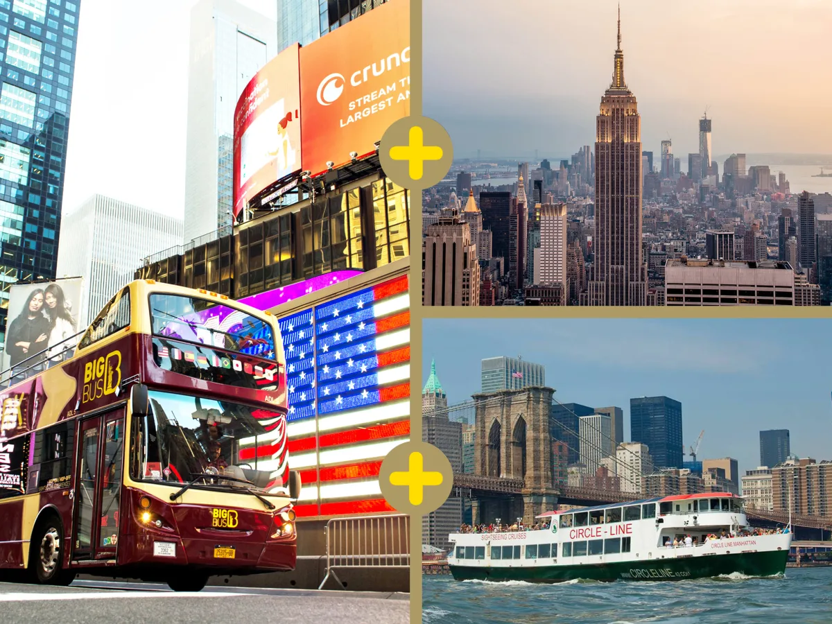 Collage mit einem Hop-On-Hop-Off-Bus von Big Bus am Times Square, dem Empire State Building und einem Circle Line Ausflugsschiff in New York.