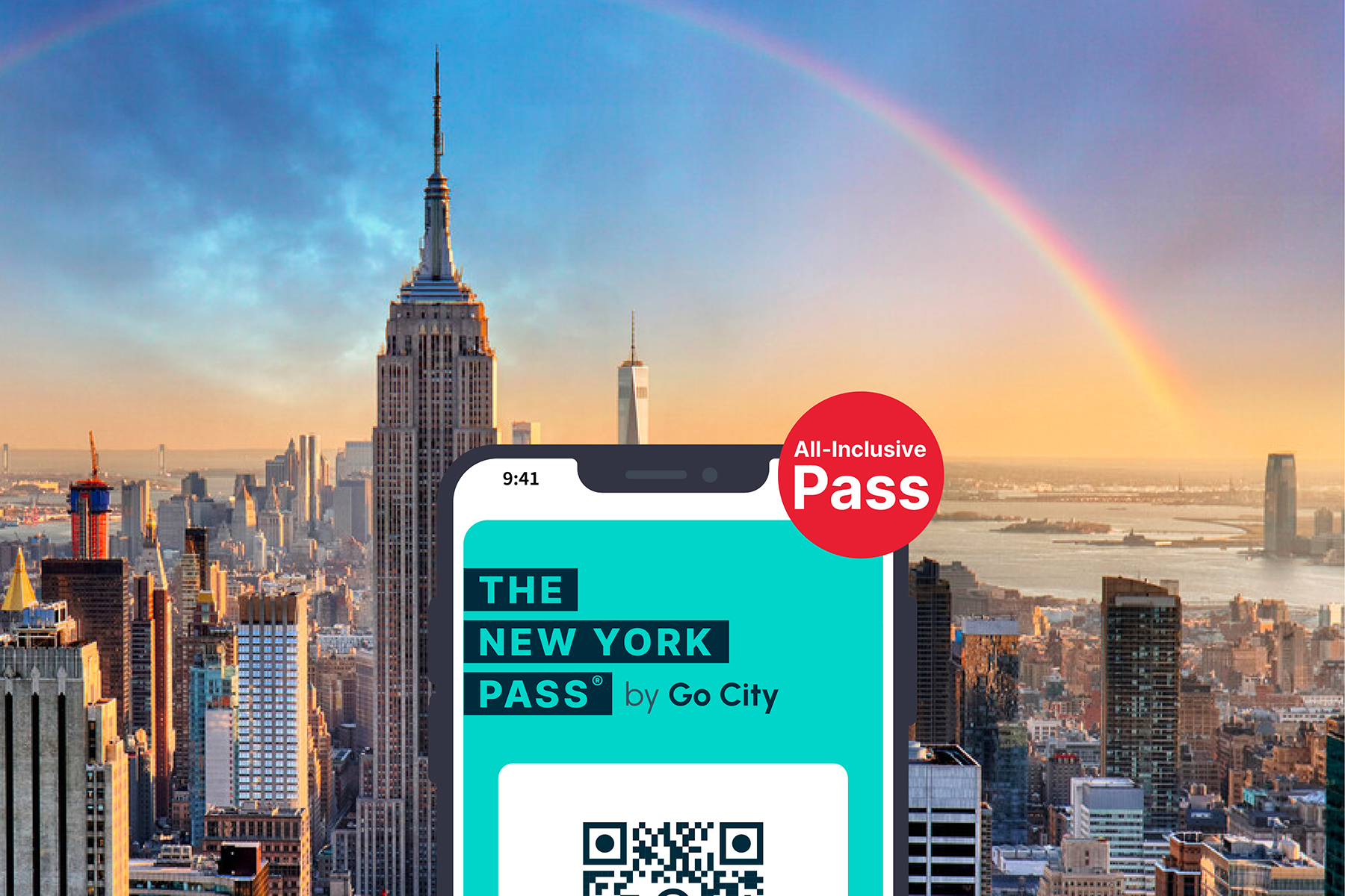 New York Skyline mit Empire State Building und digitalem Go City All-Inclusive Pass im Vordergrund.