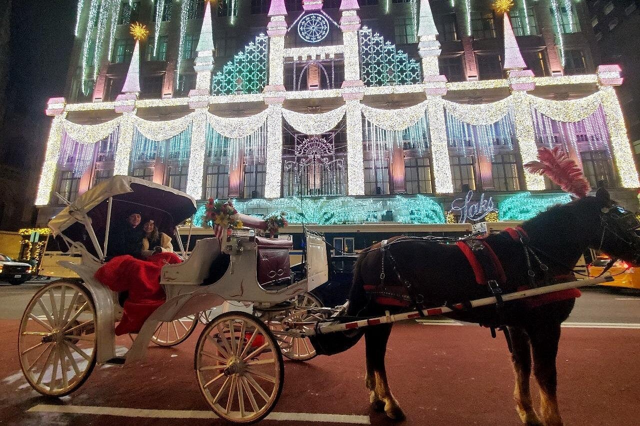 Elegante weiße Pferdekutsche mit schwarzem Pferd vor der festlich beleuchteten Fassade von Saks Fifth Avenue in New York.