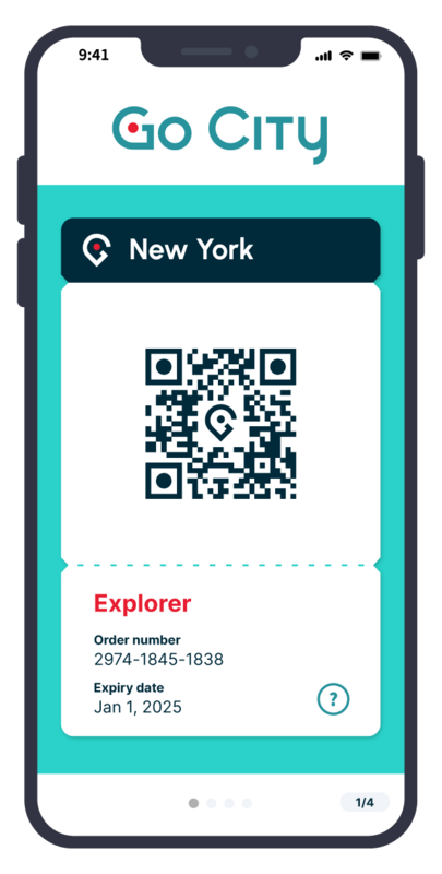 Digitaler Go City New York Explorer Pass auf dem Smartphone mit QR-Code für den Eintritt zu ausgewählten Attraktionen in New York.