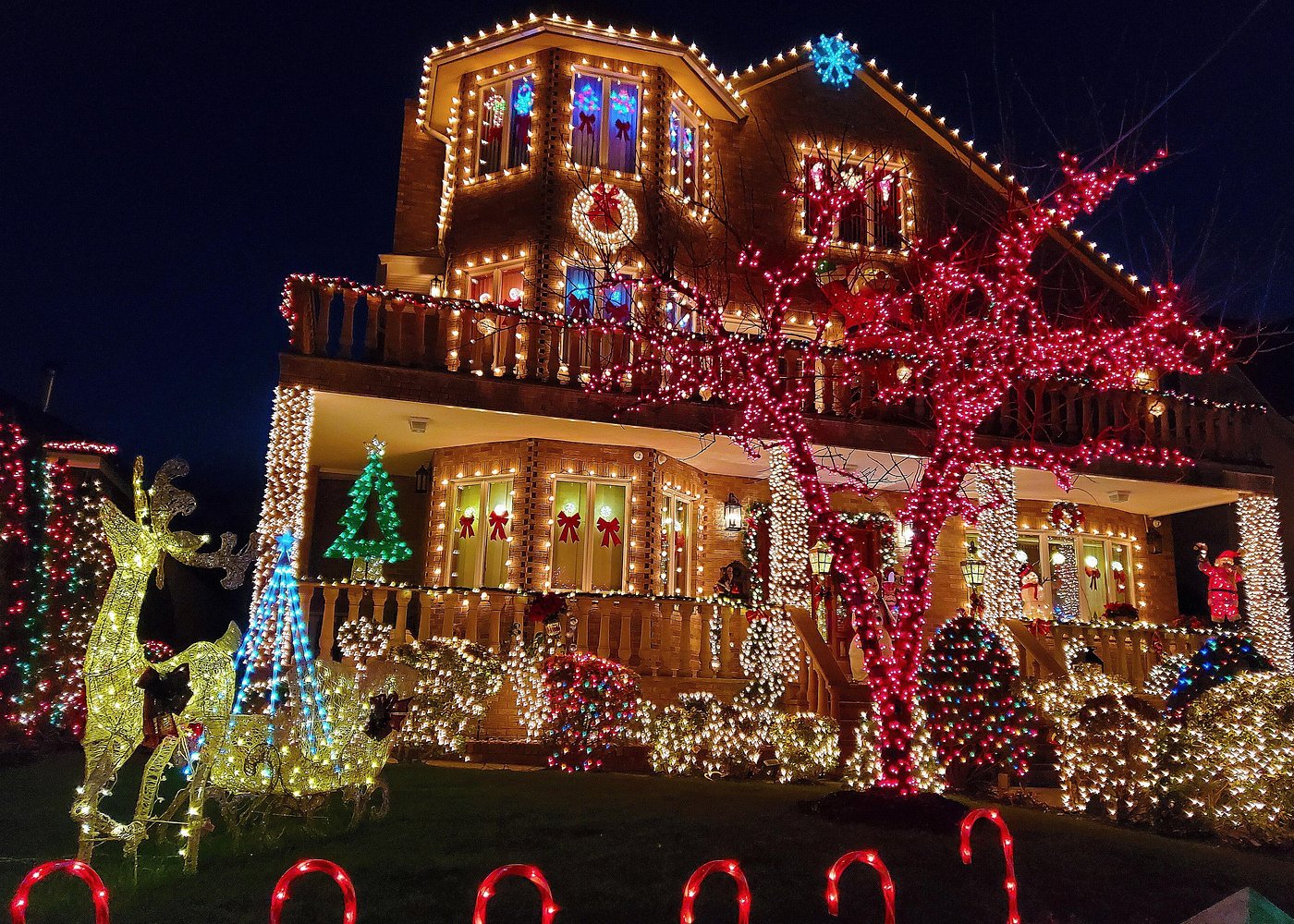 Aufwendig dekoriertes Wohnhaus in Dyker Heights, Brooklyn, mit bunten Weihnachtslichtern, Rentieren und leuchtenden Bäumen.