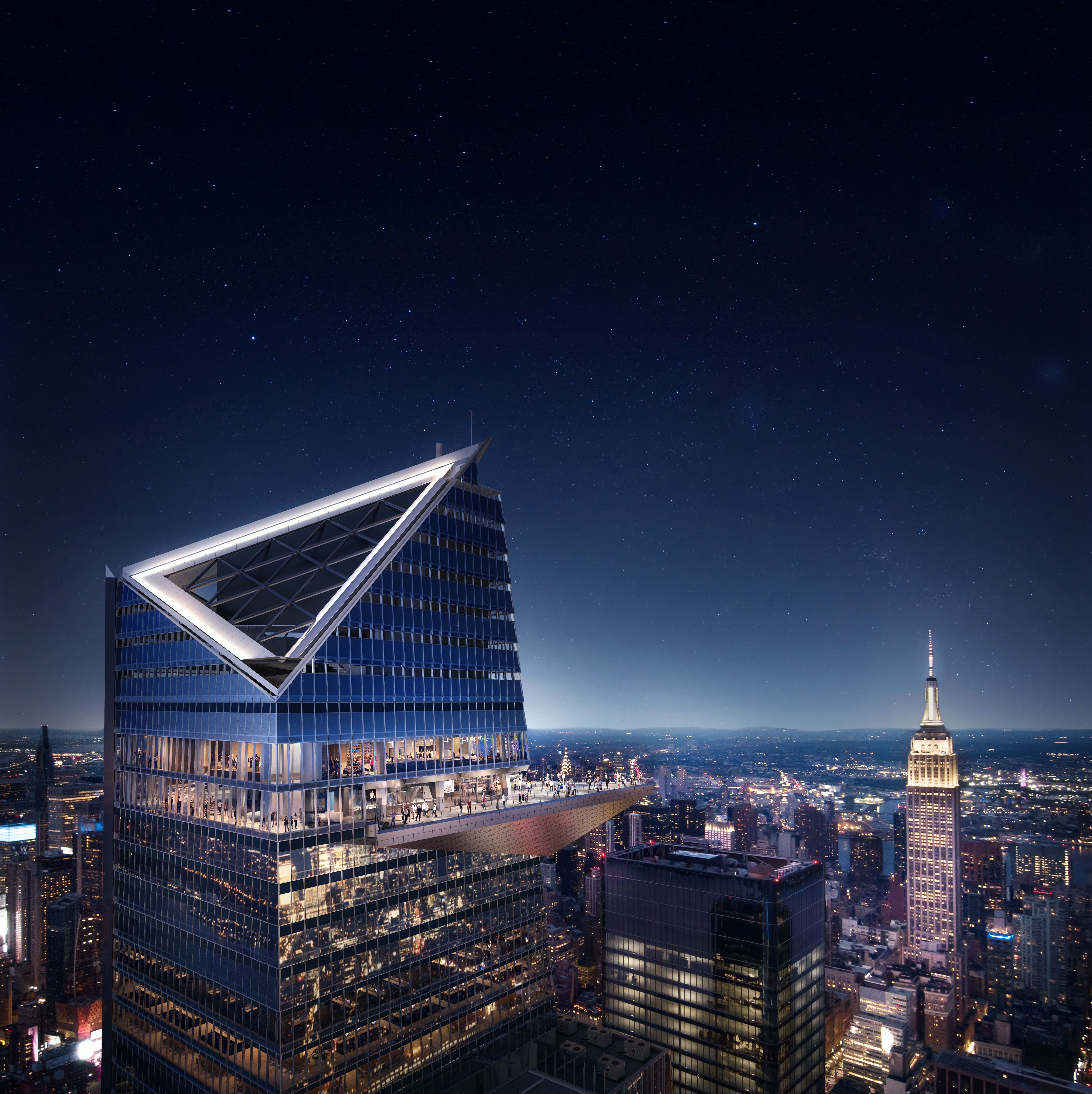 Beleuchtetes Edge Observation Deck in Hudson Yards bei Nacht mit dem Empire State Building und der Skyline von Manhattan