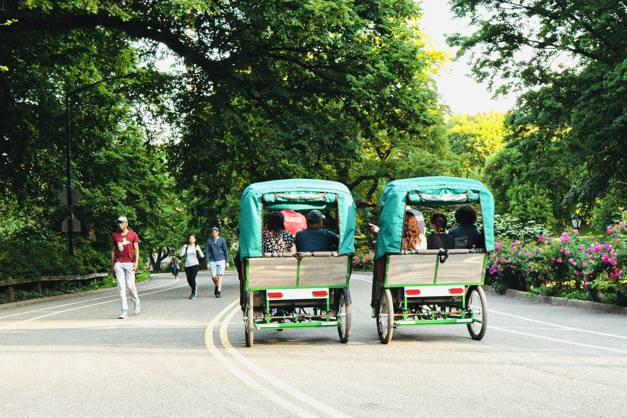 Zwei Pedicabs mit Touristen auf einer Central-Park-Tour in New York